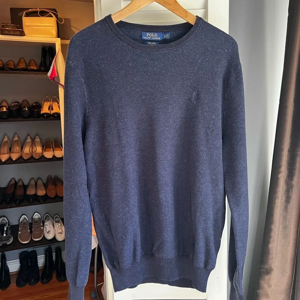 Ralph Lauren Mesh-Knit Cotton Crewneck Sweater in Navy Heather